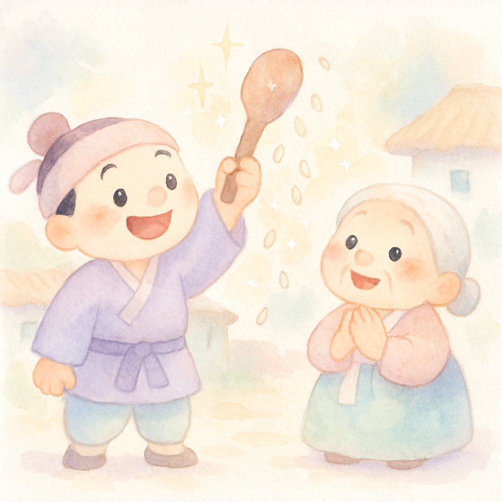 소금 장수가 방망이로 할머니를 위해 쌀을 나오게 하는 장면